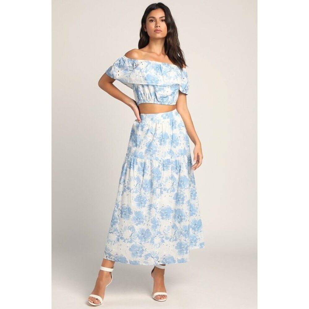 NWT Lulus White & Blue Eyelet 2-piece Maxi Skirt Set - XS
